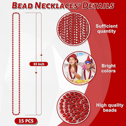 15PCS Red Bead Necklace, Valentines Stuff Beads Necklace Party Favors, 33" Beaded Necklaces Festival Parade Throw Accessories, Wedding Birthday Mardi Gras Christmas Celebrations Decorations