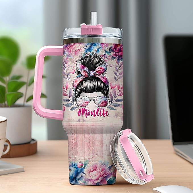 To Rose Handle Parade For Steel Flower Mommy Eleven Momma Mama Funny, Mom Gifts, Mom Life Messy Bun Floral Nutrition Facts, Tumbler 40 Oz With Handle Lid And Straw