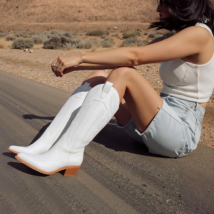 Cowboy Boots for Women Mid Calf Womens Cowgirl Boots for Girls Pointed Toe Slip on Chunky Heel Western Boot