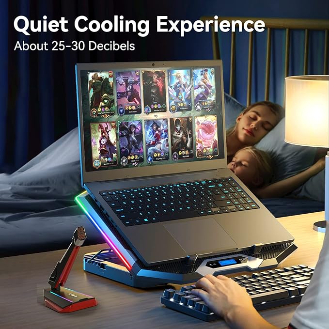 ICE COOREL Gaming Laptop Cooling Pad with 8 Cooling Fans, Laptop Fan Cooler Pad for 15-17.3 Inch, Notebook Cooler Stand with 6 Height Adjustable, RGB Cooling Pad with Two USB Port + Phone Stand