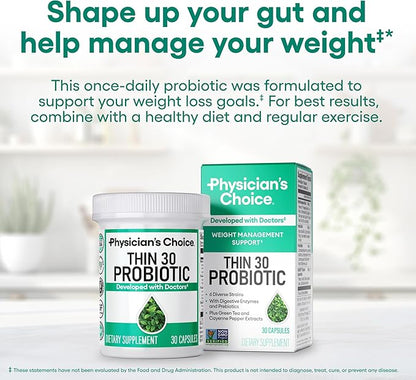Physician's CHOICE Probiotics for Weight Management  Bloating - 6 Probiotic Strains - Prebiotics - Key ingredient Cayenne - Supports Gut Health - Weight Management for Women  Men - Green Tea - 30 CT