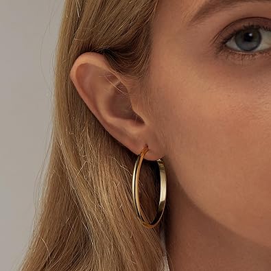 Chunky Gold Hoop Earrings for Women With 925 Sterling Silver Post, Thick Gold Hoop Earrings Hollow Tube Hoops Earrings Hypoallergenic, Lightweight Gold Large Big Hoop Earrings 405060MM