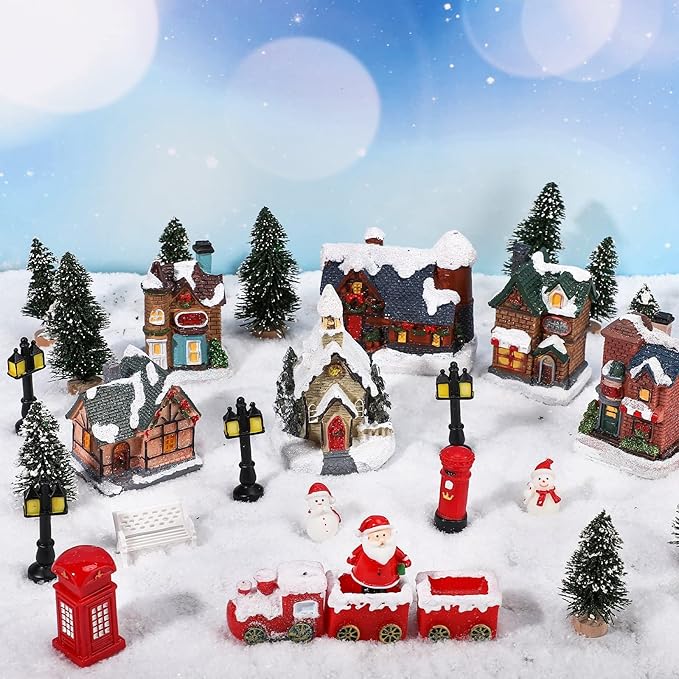 Zubebe 22 Pcs Christmas Village Houses Sets LED Holiday Village Figurines Collection Buildings Christmas Scene Desktop Ornaments Xmas Indoor Room(Cute Style)