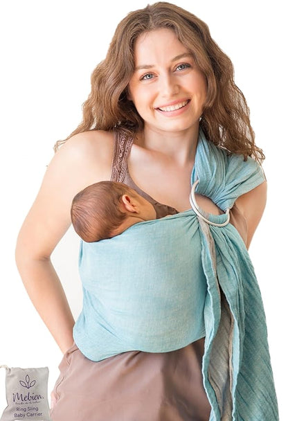 Ring Sling Baby Carrier 100 Cotton Muslin Front and Chest Newborn to Toddler Carrier and Baby Sling (Grey Turquoise)