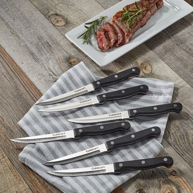 Cuisinart Knife Set, 6pc Steak Knife Set with Steel Blades for Precise Cutting, Lightweight, Stainless Steel  Durable, C77TR-6PSK, Black