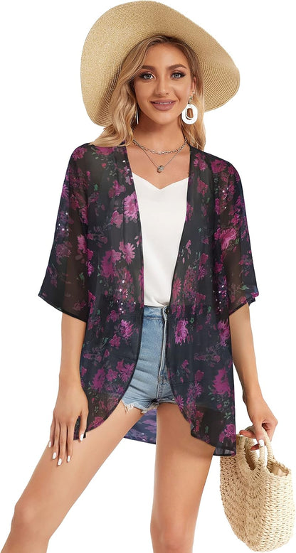 Women's Floral Print Puff Sleeve Kimono Cardigan Loose Cover Up Casual Blouse Tops 2026