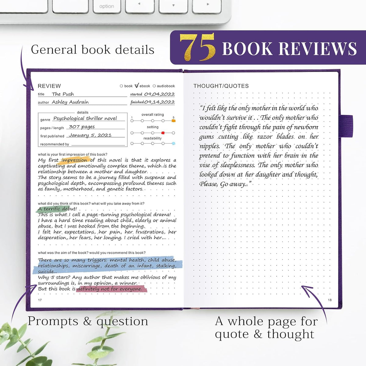 JUBTIC Reading Journal - Book Journal Reading Log for Review and Track Your Reading Progress - Gift Book Accessories for Book Lovers and Voracious Readers - 75 Books?A5 Size (Purple)
