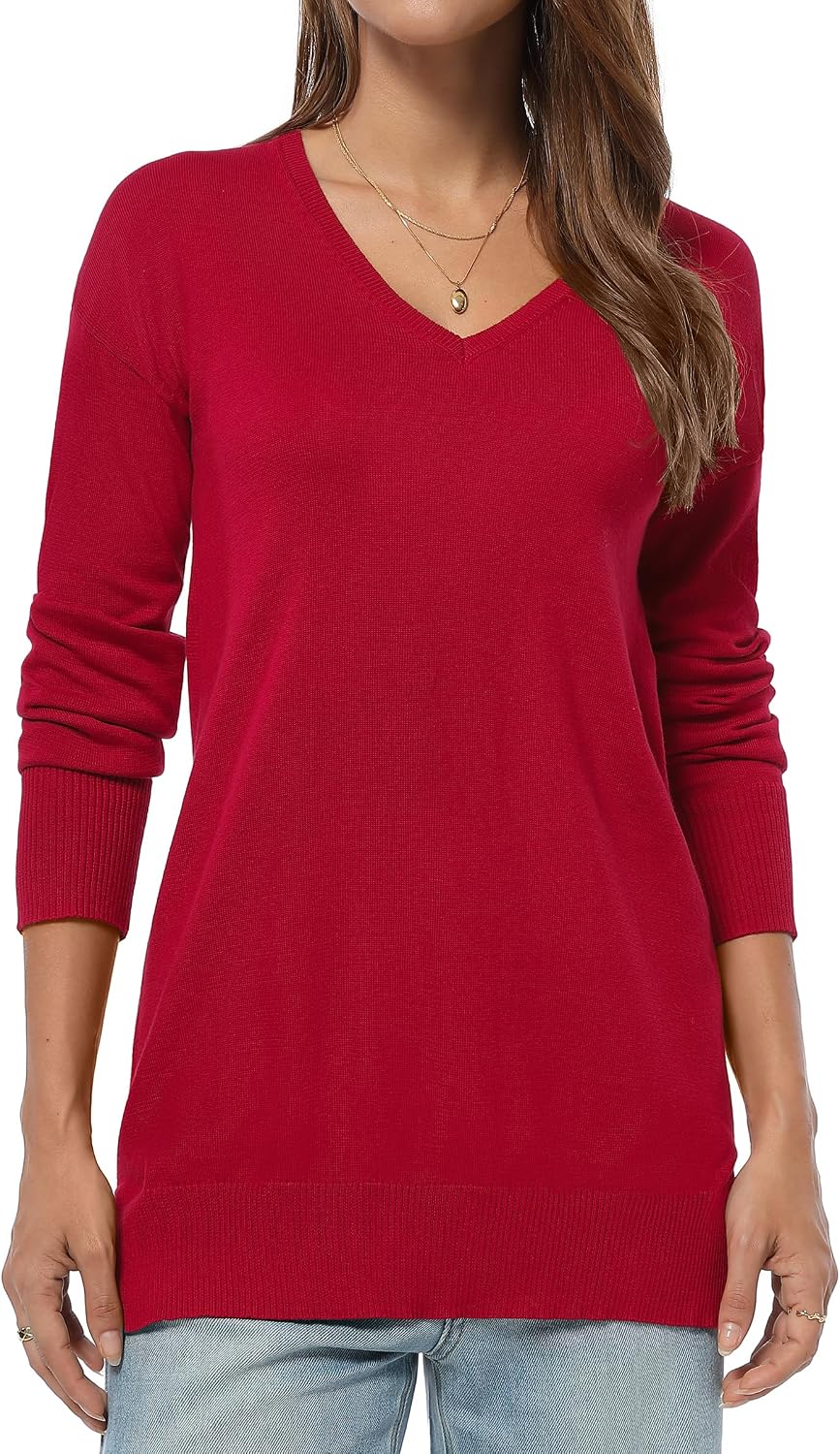 QUALFORT Women's V-Neck Long Sweater Lightweight Pullover Tunic Cotton Sweaters Long Sleeve Knit Comfort Causal Tops