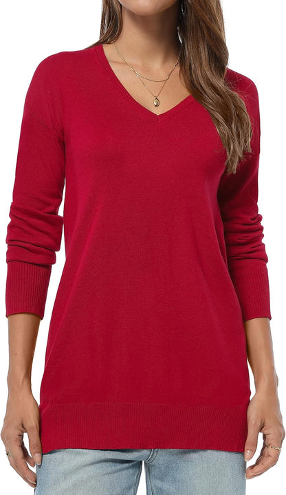 QUALFORT Women's V-Neck Long Sweater Lightweight Pullover Tunic Cotton Sweaters Long Sleeve Knit Comfort Causal Tops