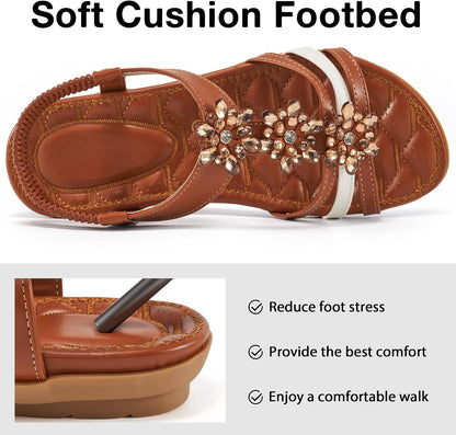 Sandals for Women Flats Shoes: Elastic Ankle Strap Casual Summer Womens Flat Sandals Open Toe Comfortable Dressy Black Walking Shoes