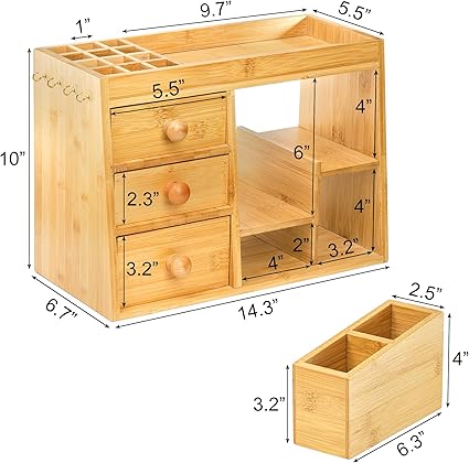 Elsjoy Bamboo Makeup Organizer with 3 Drawers  12-Grid Lipstick Holder, Desk Bamboo Vanity Jewelry Organizer, Countertop Cosmetic Storage Box Stand with Hooks for Hanging Jewelry