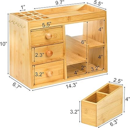 Elsjoy Bamboo Makeup Organizer with 3 Drawers  12-Grid Lipstick Holder, Desk Bamboo Vanity Jewelry Organizer, Countertop Cosmetic Storage Box Stand with Hooks for Hanging Jewelry