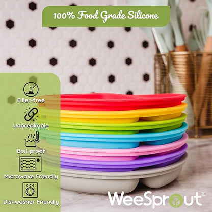 WeeSprout Suction Plates with Lids for Babies & Toddlers - 100% Silicone, Dinnerware Stays Put, Divided Design for Picky Eaters, Microwave & Dishwasher Friendly, 3 Pack