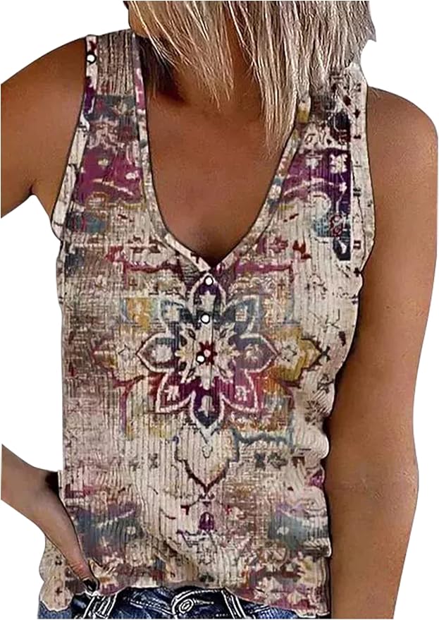Womens Mandala Vintage Graphic Racerback Tank Tops Summer Casual Loose O-Neck Tanks Vest Vacation Classic-Fit Shirt Cami