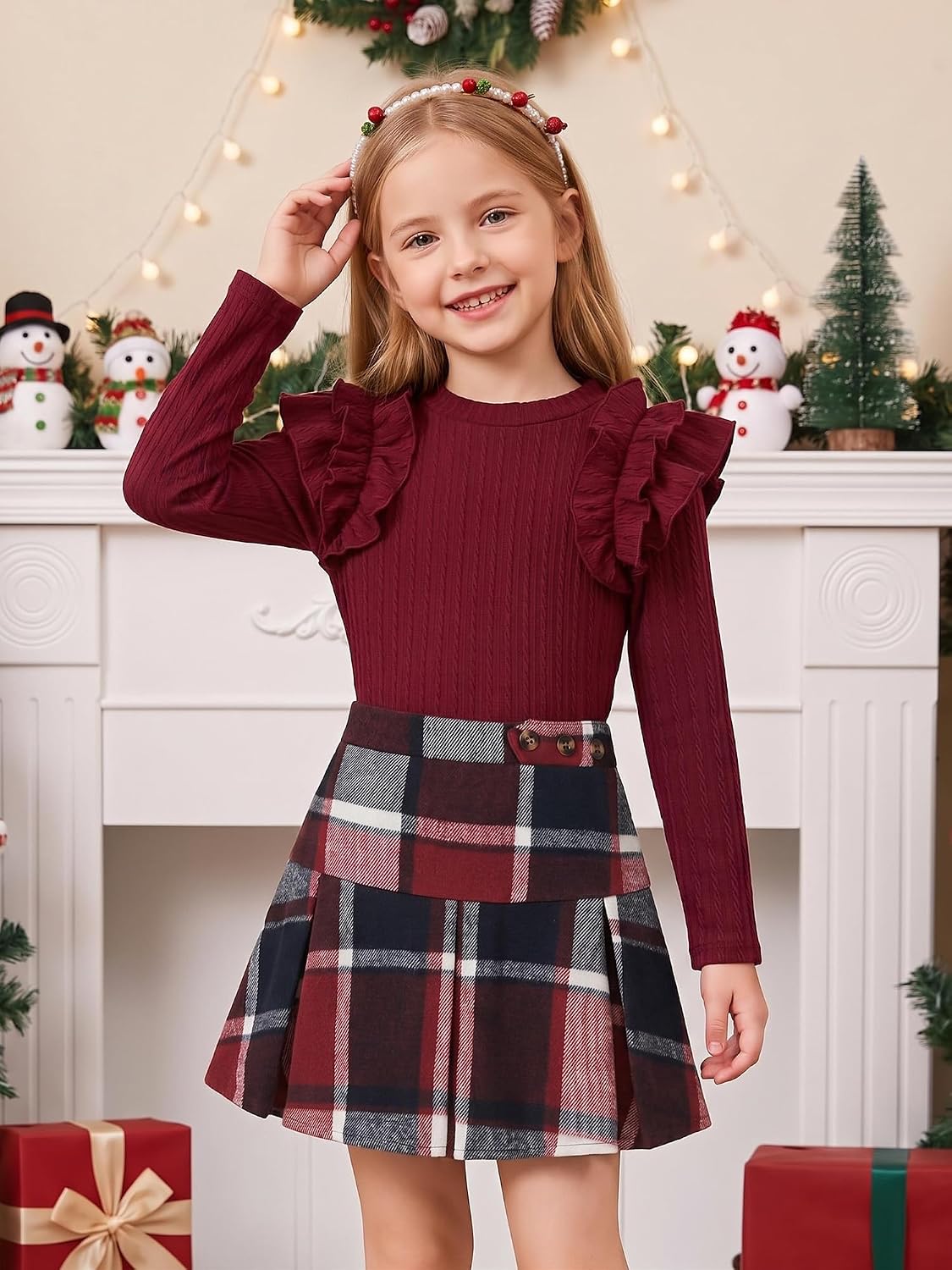 AMAWMW Girls Outfit Skirt Set Ribbed Knit Ruffle Sleeve Top Plaid Pleated Skirt Set Fall Winter Clothes