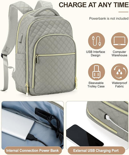 Travel Backpack for Women, Flight Approved Carry On Backpack, 15.6 Inch Laptop Backpack with USB Charging Port Water Resistant Anti-Theft Casual Daypack for Weekender Business Work, Grey Brown