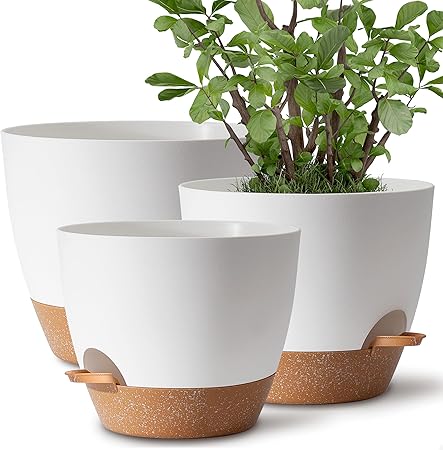 Plant Pots 12109 inch Set of 3, Self Watering Flower Pots Indoor Outdoor, Planters with Drainage Hole Saucer Reservoir, White