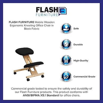 Flash Furniture Posey Mobile Wooden Kneeling Office Chair for Improved Posture, Height-Adjustable Ergonomic Office Kneeling Chair, NaturalBlack