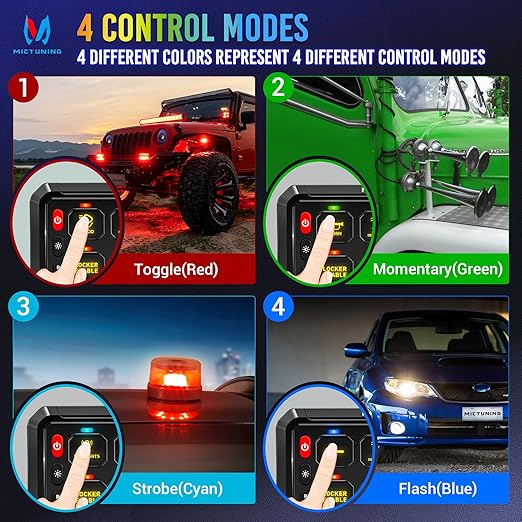 MICTUNING P1B RGB 8 Gang Switch Panel, Multifunction Toggle Momentary Flash Strobe Pulsed Switch Pod with Backlit Off, 5-Level Brightness Circuit Control Relay System Box for Truck RV Offroad Marine