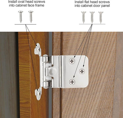 4 Pack (2 Pair) 38" Inset Brushed Satin Nickel Self Closing Cabinet Hinges for Offset Kitchen Cabinet Door, Face Frame Semi Concealed Kitchen Cabinet Hinges