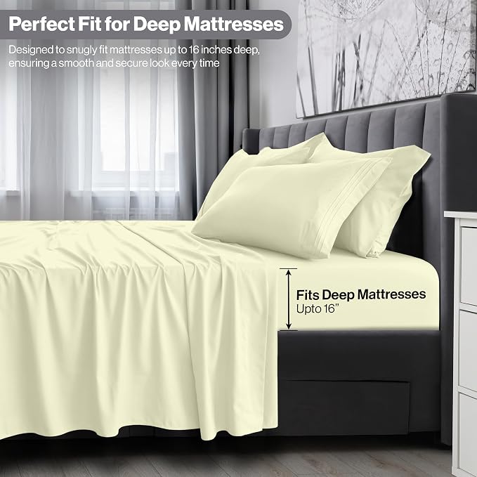 LUX Décor Queen Sheet Set - 4 Piece Ultra-Soft Microfiber Bed Sheets with Flat Sheet, 16 Inches Deep Pocket Fitted Sheet & Pillowcases, Cooling & Breathable, Hotel Luxury, Oeko-TEX - Vanilla