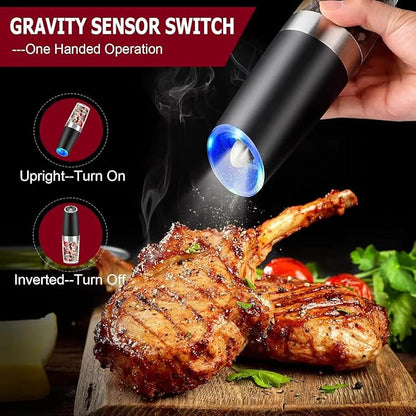 Electric Salt and Pepper Grinder - Rechargeable Pepper Grinder, Pepper Mill Grinder with Blue Light and Stand (Black)