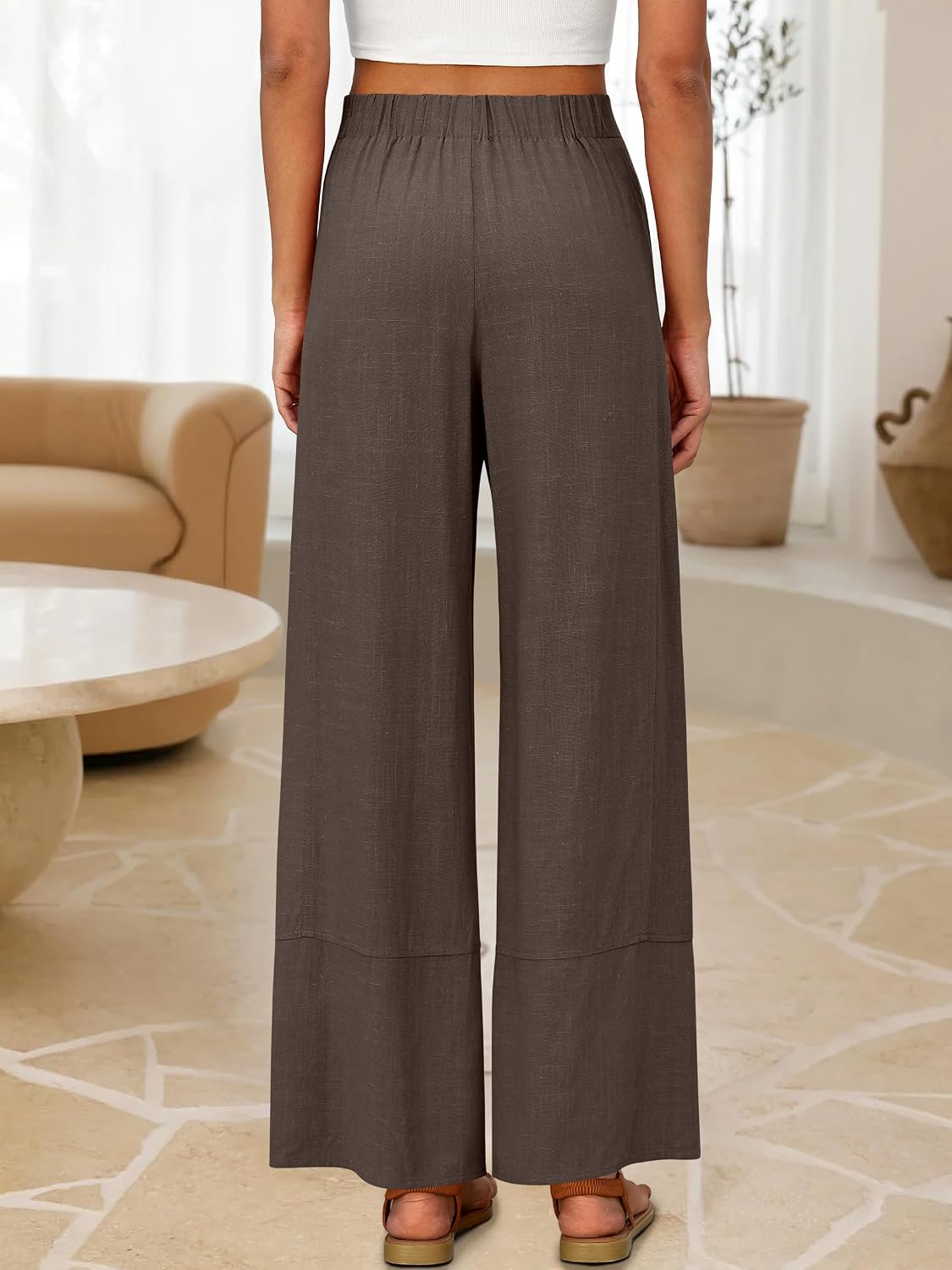 Women's Wide Leg Linen Pants Summer Boho Casual Elastic Waist Long Lounge Travel Pants Trousers with Pockets