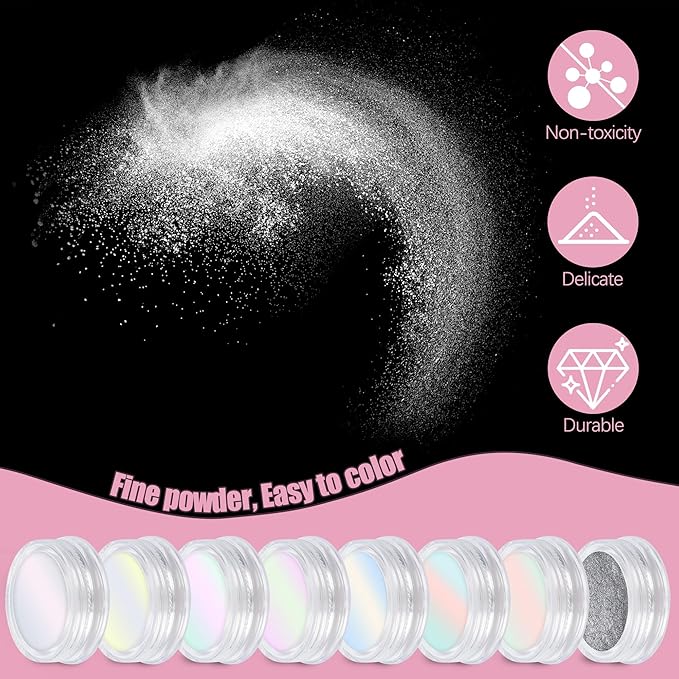 Artdone 8 Jars Chrome Nail Powder Magic White Pearl Kit Mirror Effect Silver Metallic Holographic Dip Nail Powder For Resin Craft & Nail Art Fimo, Decoration Iridescent Aurora Mermaid Pigment