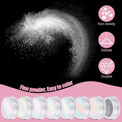 Artdone 8 Jars Chrome Nail Powder Magic White Pearl Kit Mirror Effect Silver Metallic Holographic Dip Nail Powder For Resin Craft & Nail Art Fimo, Decoration Iridescent Aurora Mermaid Pigment