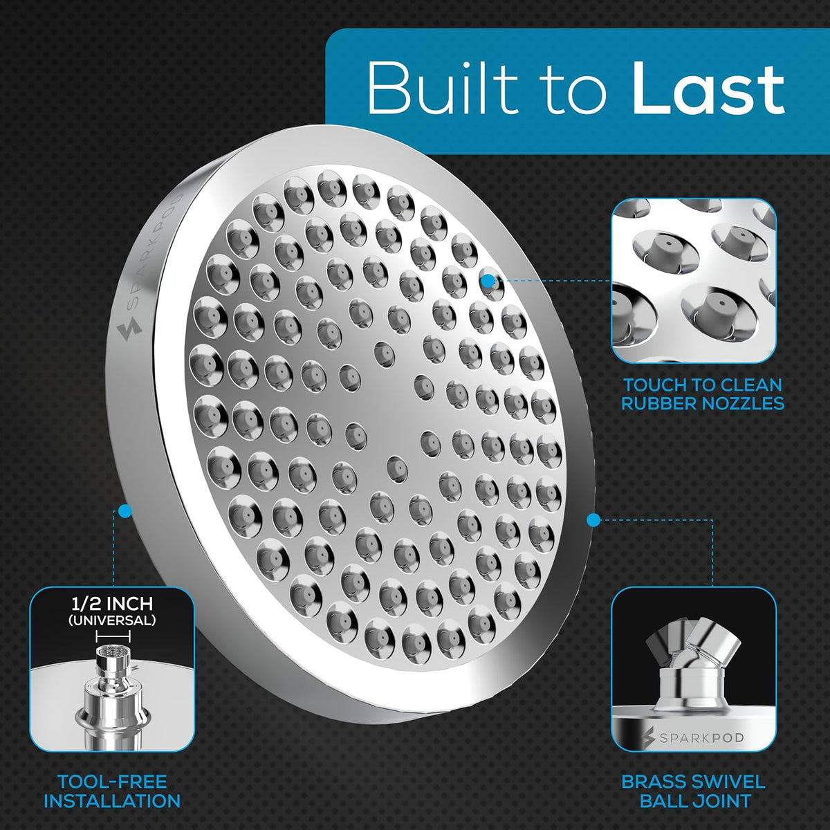 SparkPod 6 in Round Rain Shower Head, Polished Chrome
