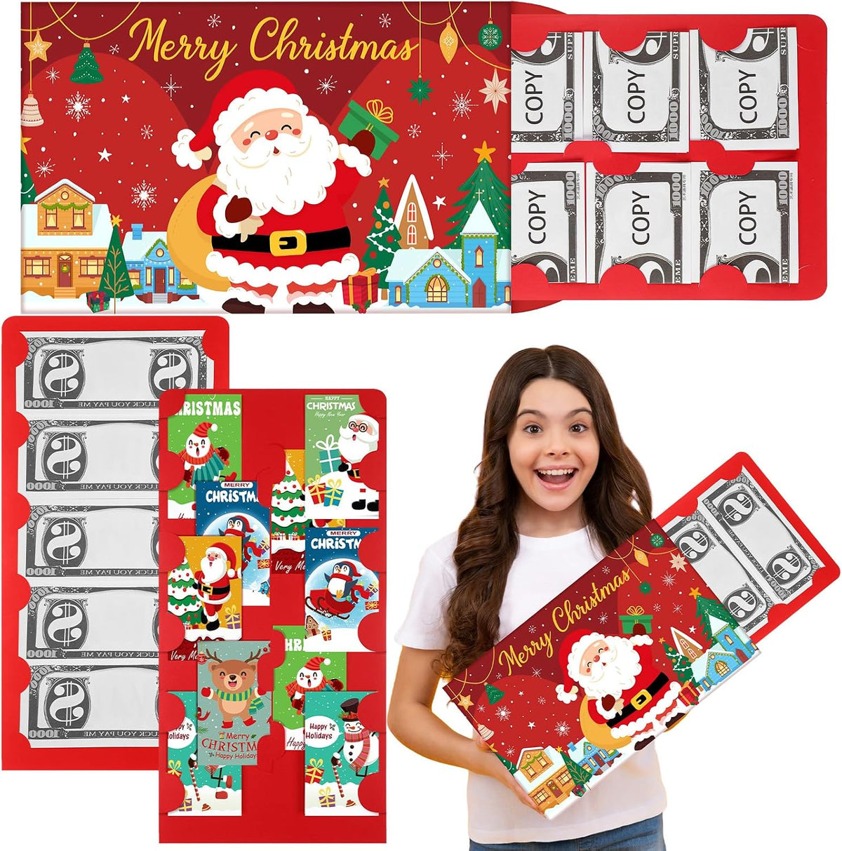 Humyoun Jumbo 14" x 8" Christmas Money Cash Holder with Envelopes, Classic 6 Money Slots for Cash Gifts, Santa Festive Theme Red Cover, Holiday Present Money Holder for Family Friends Xmas Parties