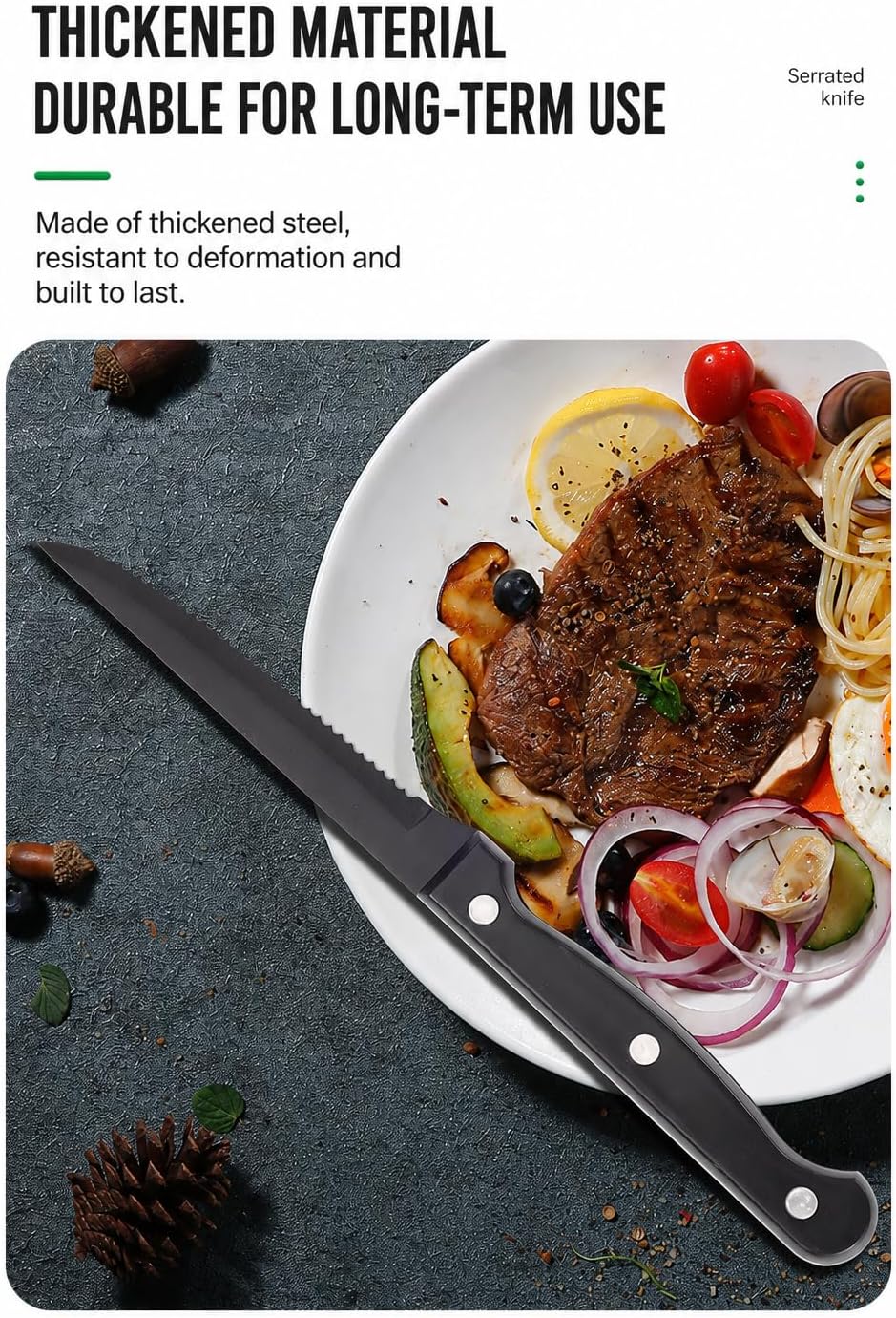 2 Pack Serrated Steak Knives, Stainless Steel Dinner Knives with Black Handles, Table Knife Set for Steak, Bread, Fruit, Pizza, Kitchen Dining, Silver