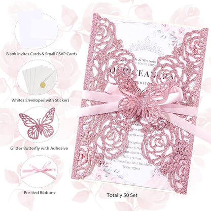50PCS Pink Wedding Invitations Laser Cut Invitation with Envelopes and Rsvp Card Personalized Inner Sheets for Wedding Bridal Baby Shower QuinceañEra Engagement Birthday
