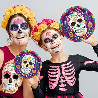 Day of the Dead Party Supplies Kit Serve 25, Includes Disposable Sugar Skull Dinner Plates, Dessert Plates, Napkins, Cups and Tablecloth, DÃ­a de los Muertos Party Decorations