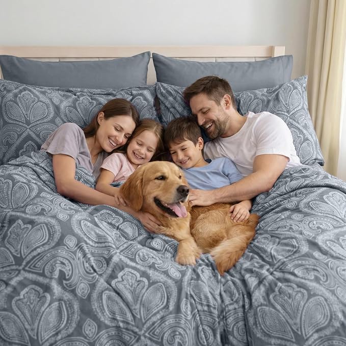 Ultra Soft Wrinkle-Free Microfiber Paisley Queen Sheet Set, Cute Floral Pattern Boho Print – 16" Deep Pocket Fitted Sheet, Flat Sheet & 4 Pillowcases, Breathable, OEKO-TEX - Grey