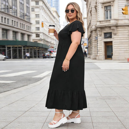 Women's Plus Size Maxi Dress Crew Neck Ruffle Short Sleeve Summer Casual Dresses with Pockets Floral Long Dress