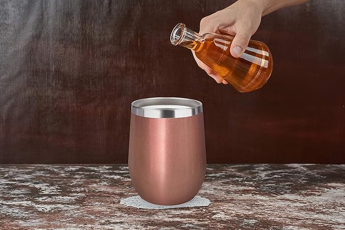 12oz Wine Mug Stainless Steel Tumbler Vacuum Double Wall Glass Stemless coffee Lid Gift Straw Travel Bottle Cocktail Large Walled Unbreakable Water Ice Champagne Cold Beer Drink (Rose Gold)