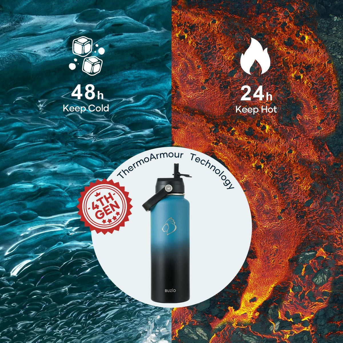 BUZIO Water Bottle with Straw Lid and Flex Cap, 40oz Double Vacuum Stainless Steel Water Flask, Cold for 48 Hrs Hot for 24 Hrs Simple Thermo Canteen Mug, Indigo Black