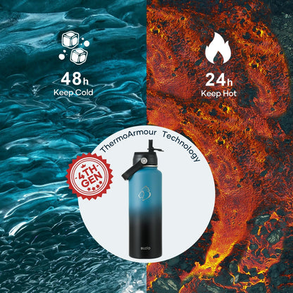 BUZIO Water Bottle with Straw Lid and Flex Cap, 40oz Double Vacuum Stainless Steel Water Flask, Cold for 48 Hrs Hot for 24 Hrs Simple Thermo Canteen Mug, Indigo Black