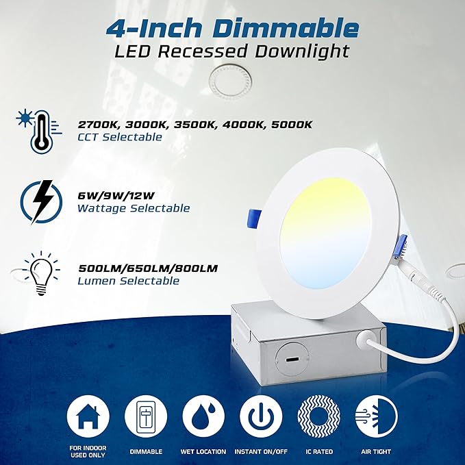 4 Inch Ultra-Thin LED Recessed Light with Junction Box (6 Pack) Dimmable Canless Wafer Downlight, 5CCT Selectable (2700K5000K) Adjustable Wattage, 1050LM High Brightness, ETLFCC Certified