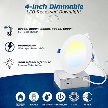 4 Inch Ultra-Thin LED Recessed Light with Junction Box (6 Pack) Dimmable Canless Wafer Downlight, 5CCT Selectable (2700K5000K) Adjustable Wattage, 1050LM High Brightness, ETLFCC Certified