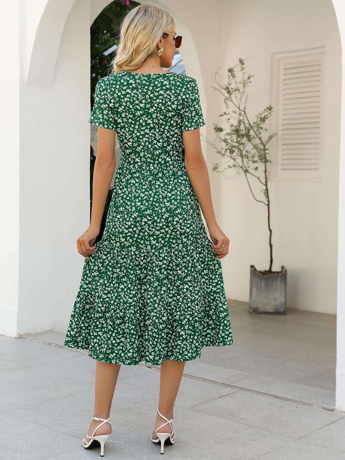 Women's Dresses Casual Summer Tiered Midi Dress Short Sleeve Belted Ruffle Babydoll Boho Sundress with Pockets
