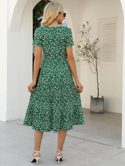 Women's Dresses Casual Summer Tiered Midi Dress Short Sleeve Belted Ruffle Babydoll Boho Sundress with Pockets
