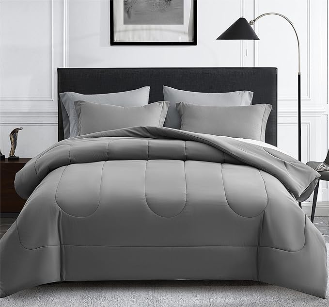 MapleStone Queen Size Comforter Set 7 Pieces Bed in a Bag - Down Alternative Bed Set with Sheets, Pillowcases  Shams, Soft Reversible Duvet Insert for Queen Bed, Dark Grey  Light Grey