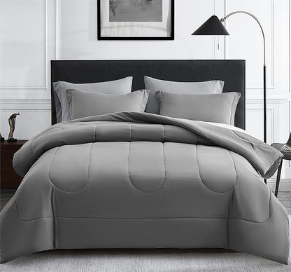 MapleStone Queen Size Comforter Set 7 Pieces Bed in a Bag - Down Alternative Bed Set with Sheets, Pillowcases  Shams, Soft Reversible Duvet Insert for Queen Bed, Dark Grey  Light Grey