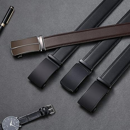 SENDEFN Men's Leather Belt Automatic Ratchet Buckle Slide Belt for Dress Casual Trim to Fit with Gift Box