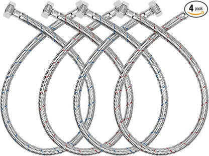 4 Pack 1/2" x 1/2" FIP Flexible Faucet Supply Lines, Bathroom Faucet Hose Connector, 304 Stainless Steel Braided Water Supply Line for Kitchen (24 Inch)