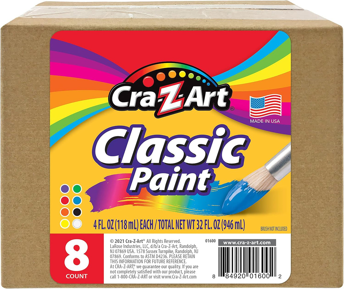 Cra-Z-Art Washable Classic Paint Bulk Pack 8ct, Assorted Colors 4oz each bottle
