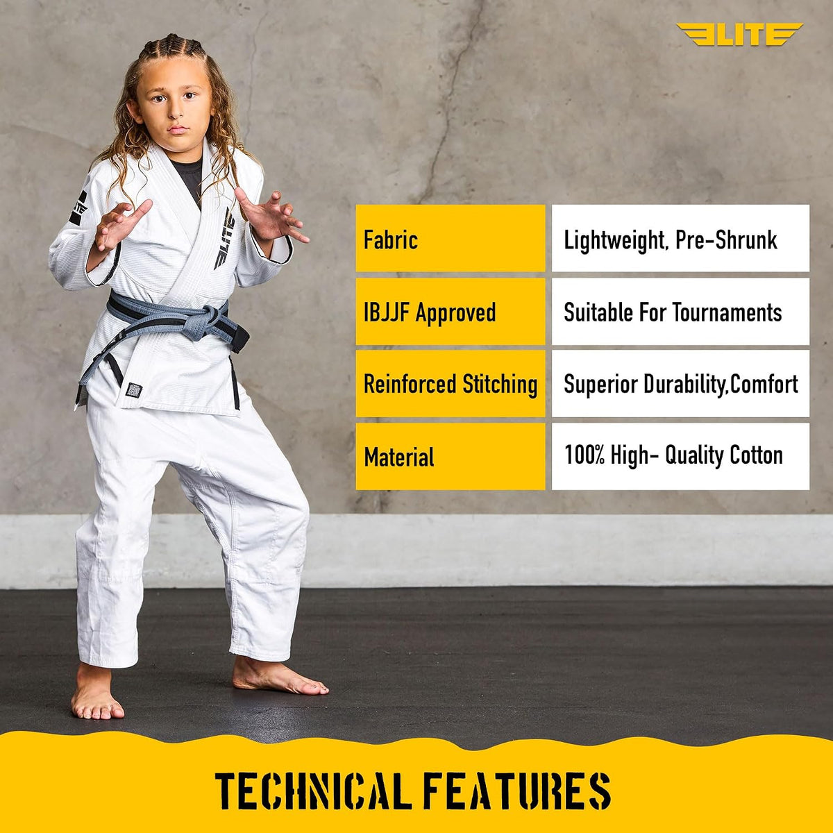 Elite Sports Kids Brazilian Jiu Jitsu Belts Preshurunk Martial Arts Youth BJJ Belts for Girls & Boys with BJJ Ranking Stripes ( C2 )