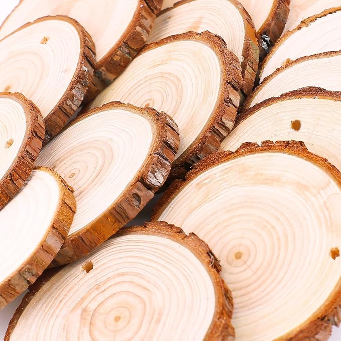 Fuyit Unfinished Wood Slices with Hole, Drilled Wooden Circle for Crafts 30pcs 2.4-2.8 inch Slices, Natural Original Barks, Christmas Ornaments, Hanging Home Decor, DIY Painting & Lettering Projects